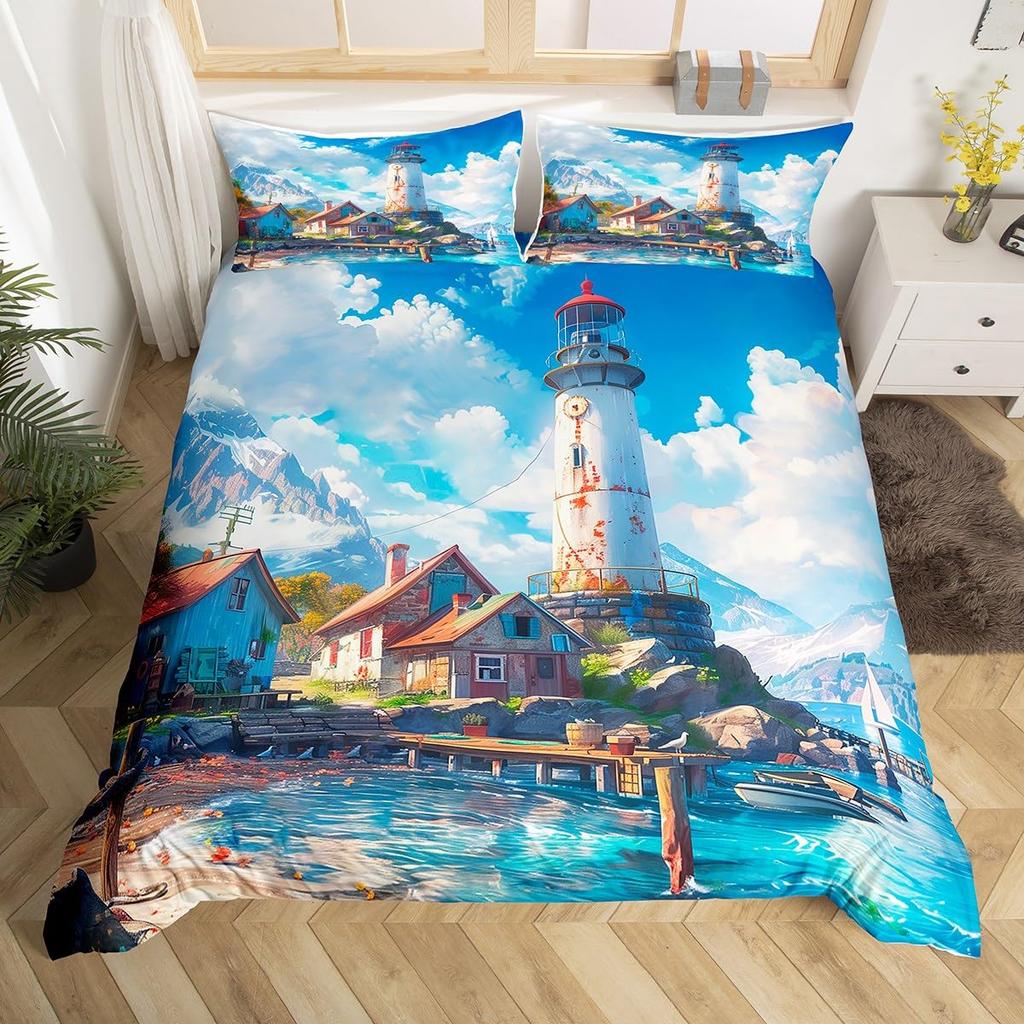 Ocean Beach Duvet Cover Full Lighthouse Comforter Cover Floral Butterfly Bedding Set for Adults Kids Summer Vacation Quilt Cover