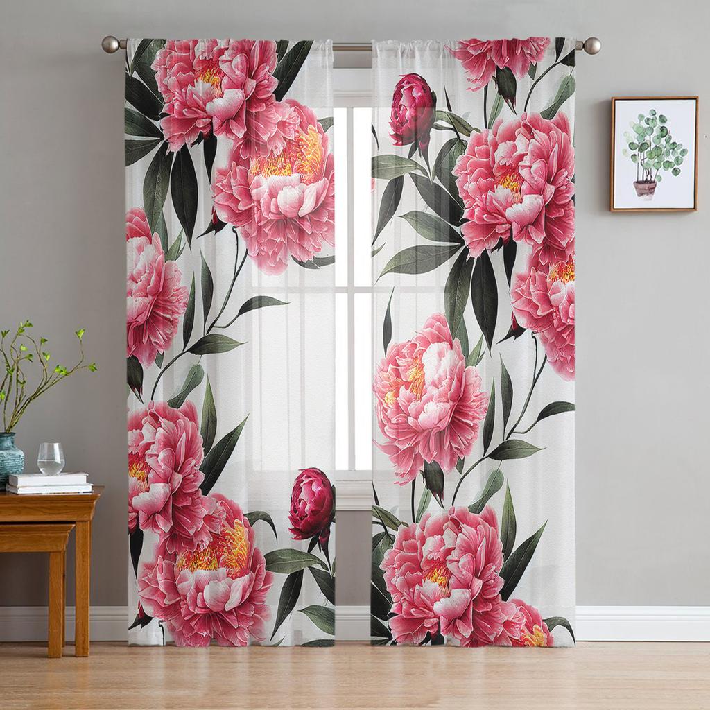 Peony Flower Sheer Curtains for Living Room Modern Voile Curtain Bedroom Tulle Curtains Window Drapes Decor
