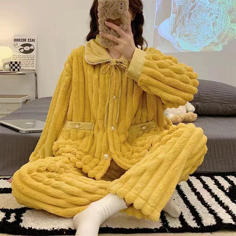Nightgown Female Autumn and Winter Coral Velvet Thickened with Velvet Comfortable Loose Outside Wearing Long Pants Winter Warm Long Sleeve Long Suit