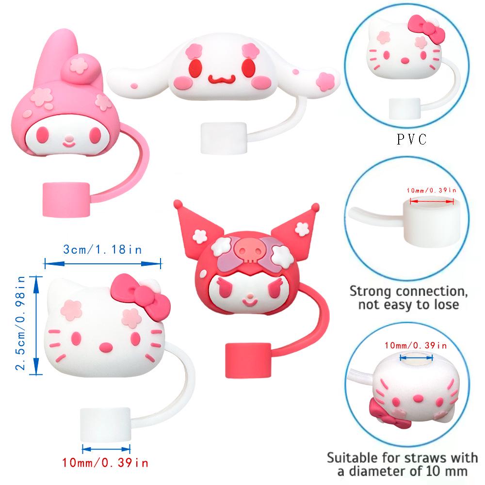 Sanrio Cartoon Straw Cap Set: 4-Piece Fresh 10mm Straw Accessories with Dust Plug & Cup Decoration
