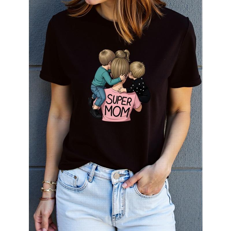 European size Women's Super Mom Print T-Shirt - Short Sleeve Round Neck Casual Top with "Super Mom" & "Mom" Text, Comfortableel