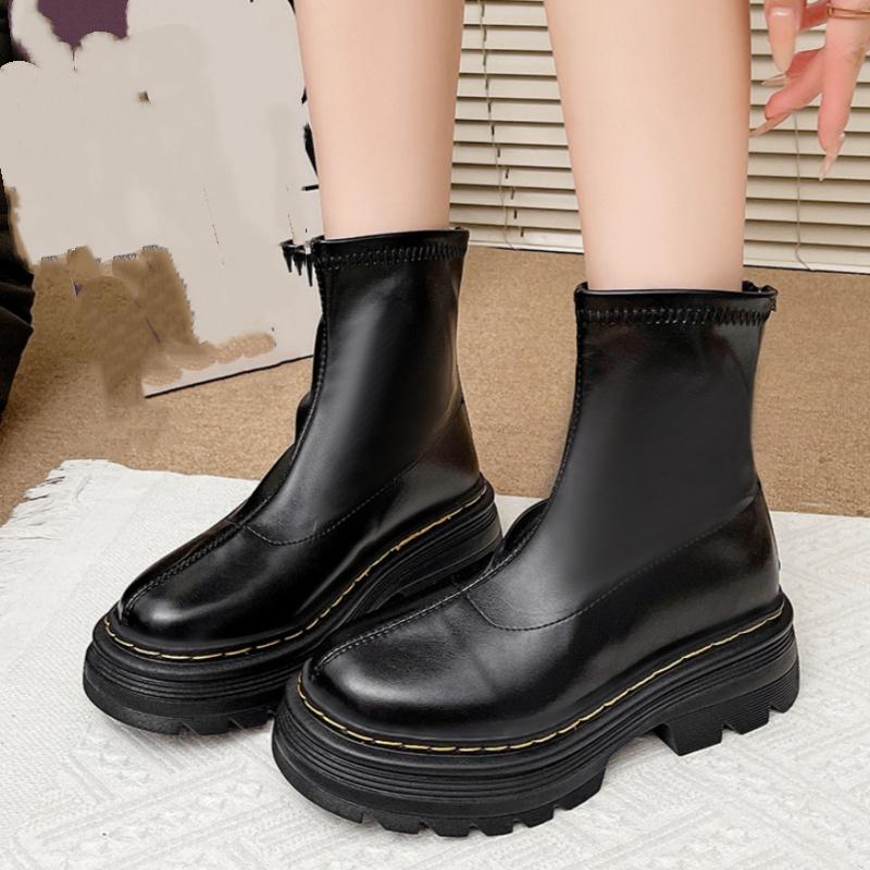 Spring/Autumn Comfortable Leather Rear Zipper Short Boots Fashion New Round Head Sexy Lace-Up Casual Walking Boots Women