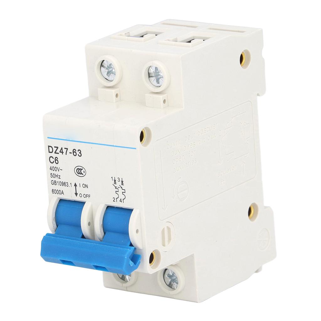 Circuit Breaker Mini 2P MCB DIN Rail Mount 6000A Breaking Capacity 400V 6A for Home Office