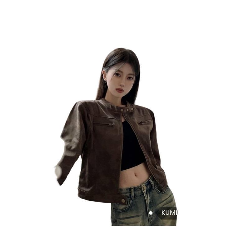 American Retro Distressed Coffee Brown PU Leather Short Jacket - Spring 2025 Hot Girl Stand Collar Versatile Design.