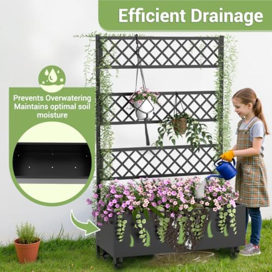 Metal Planter Box with Trellis Privacy Screen 67x41x16 Raised Garden Bed with Planting Bag Lockable Casters for Climbing Plants
