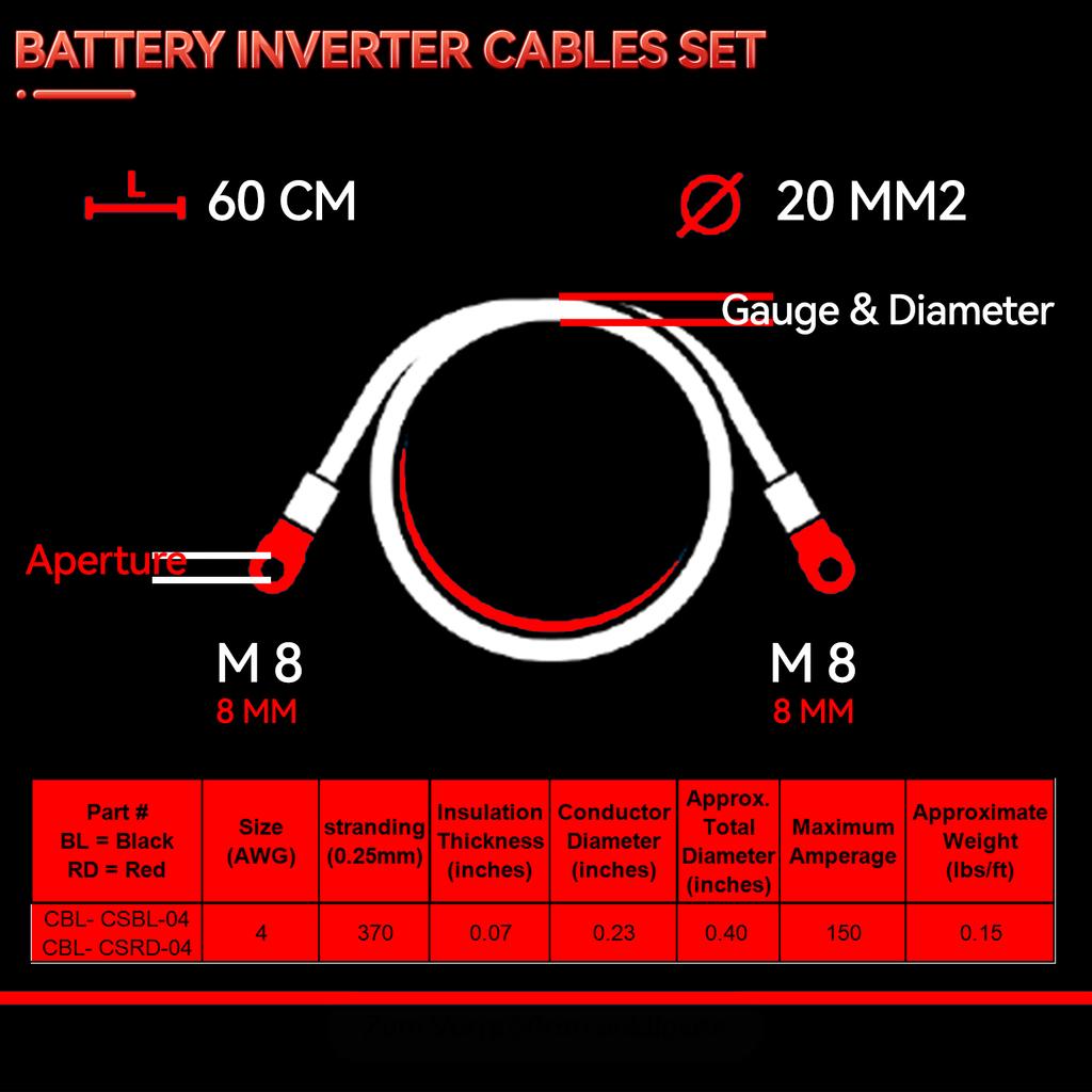 For Car RV Truck Trailer Camper Power Supply 4 AWG Gauge 60cm 8mm Battery Inverter Cables Set Positive Negative Cable Set 2 Pcs