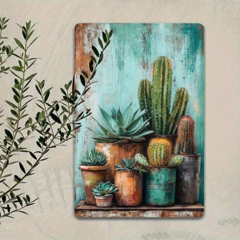 Tin Sign Vintage Cactus Wall Decor 12x8 inch Rustic Metal Poster for Farmhouse Indoor