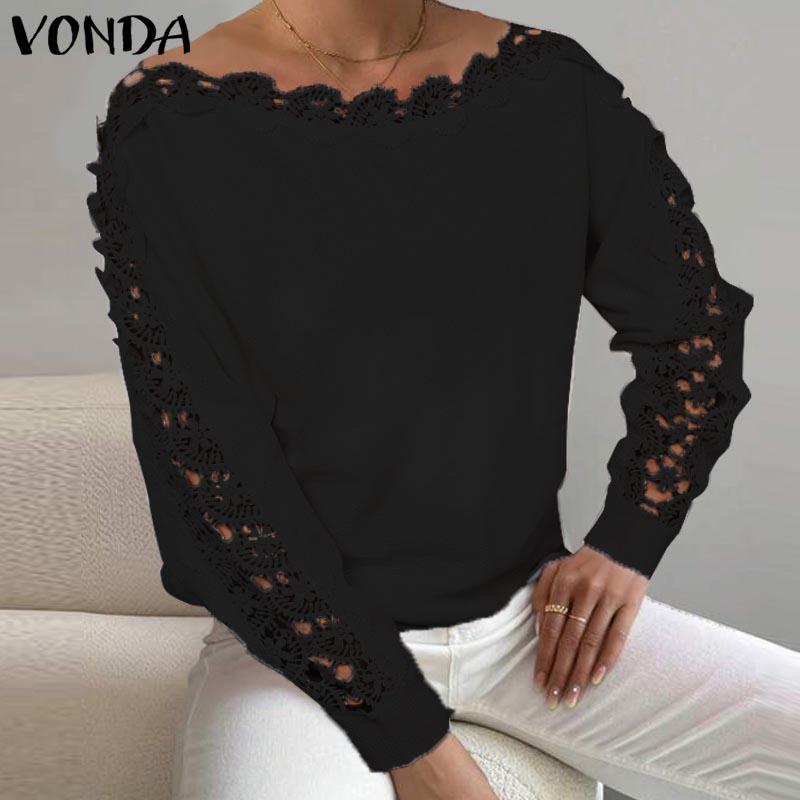 VONDA Dámske jesenné čipkované svetre s okrúhlym výstrihom a dlhým rukávom