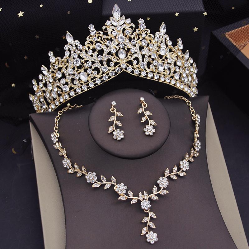 Luxury Tiaras Bridal Jewelry Sets for Women Flower Choker Necklace Sets Bride Crown Prom Wedding Jewelry Set Costume Accessory
