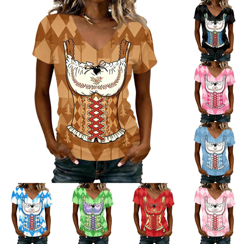 Camiseta Casual de Manga Corta con Cuello en V para Mujer Estampado Oktoberfest Top Tejido Ligero y Transpirable Camiseta de Corte Holgado para Uso Diario