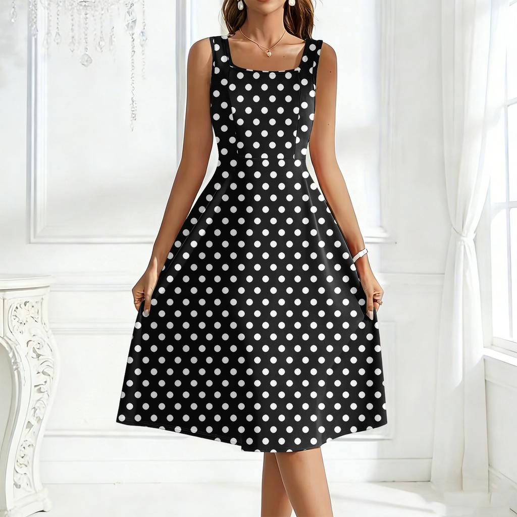Women's Square-Neck Sleeveless Polka Dot Maxi Dress