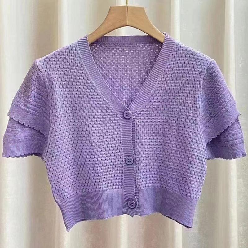 Mode Princesse Manches Bouffantes Manches Courtes Fin Col en V Cardigan Blouse Nombril Découvert Taille Haute Court Petit Chemisier Pull Tricoté Femme
