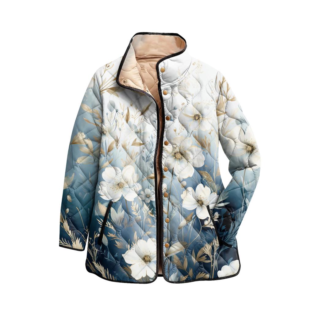 Women's Floral Print Stand Up Collar Pleated Cotton Long Sleeved Button Cotton Jacket