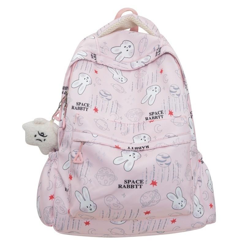 

Cute High School Girl Backpack Durable Nylon Lightweight Graffiti Cartoon Pattern Large Capacity рожевий