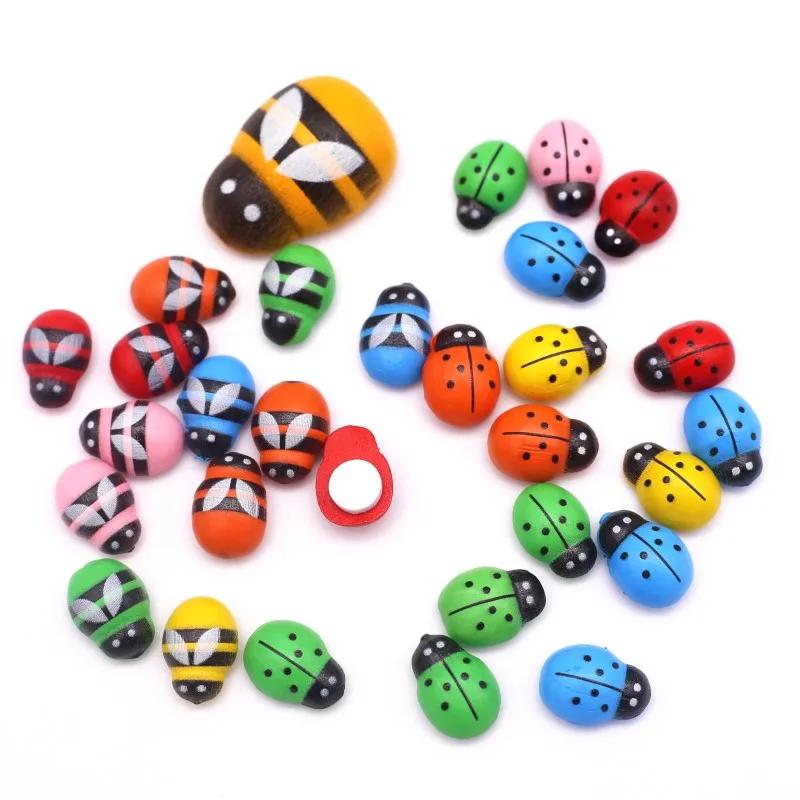 New MINI Wood Bee Ladybug Colorful with Glue Home Refrigerator Wall Decoration DIY Handmade Child Gift Party Accessories 50/100p