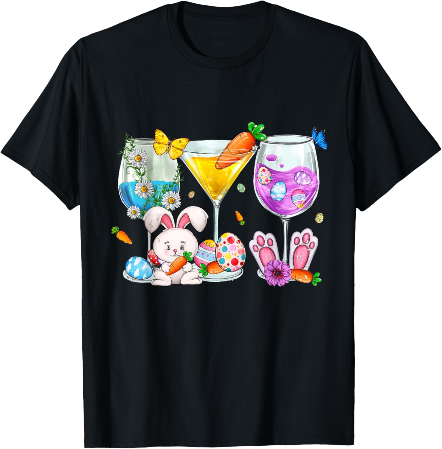 

Easter Bunny Cocktail Glasses Wine Lover Martini Graphic T-Shirt Casual Daily Crew Neck Tee 4XL