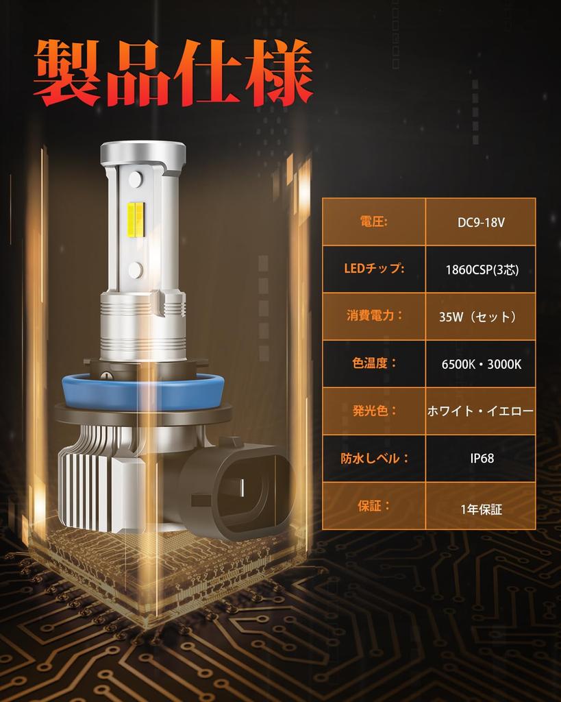 Kitazawa Shoji H8 LED Fog for H11 and Super Memory Long IP68 Waterproof and Easy Vehicle Inspection Set of 2 Lights, Two-Color Switching,