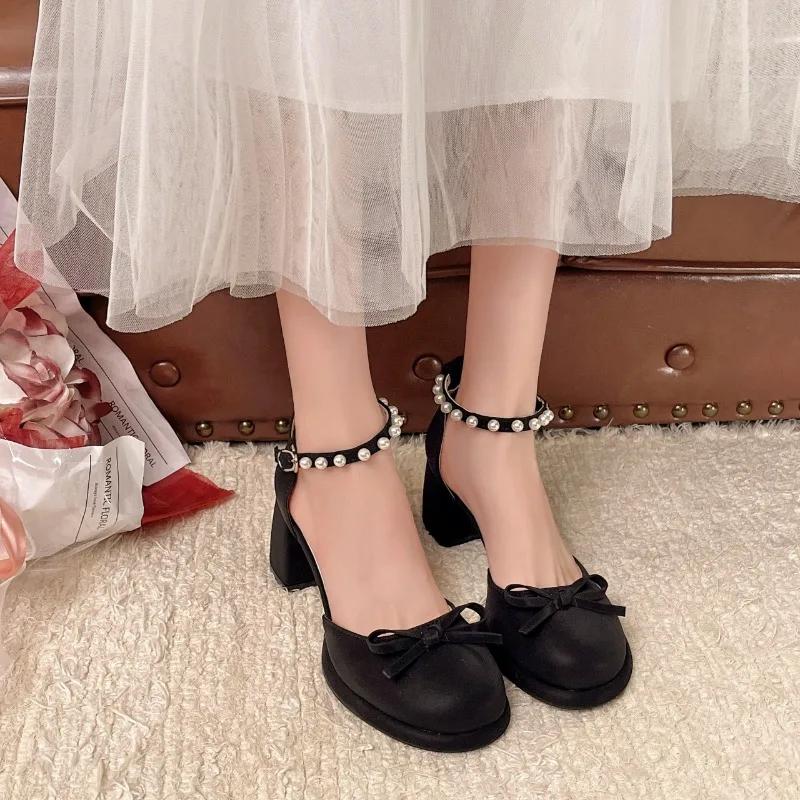 Fashion French Block Heel Baotou Bow Women's 2025 New Summer Temperament Elegant  Jane Shoes
