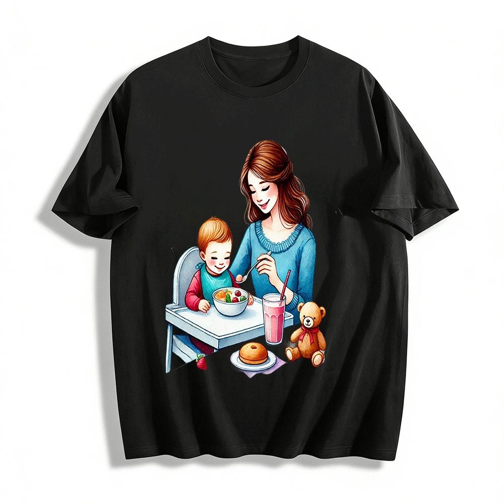 Warm Parent-child Feeding Print Top Mother Baby Warm Daily Theme Shirt Pure cotton T-shirt XXS