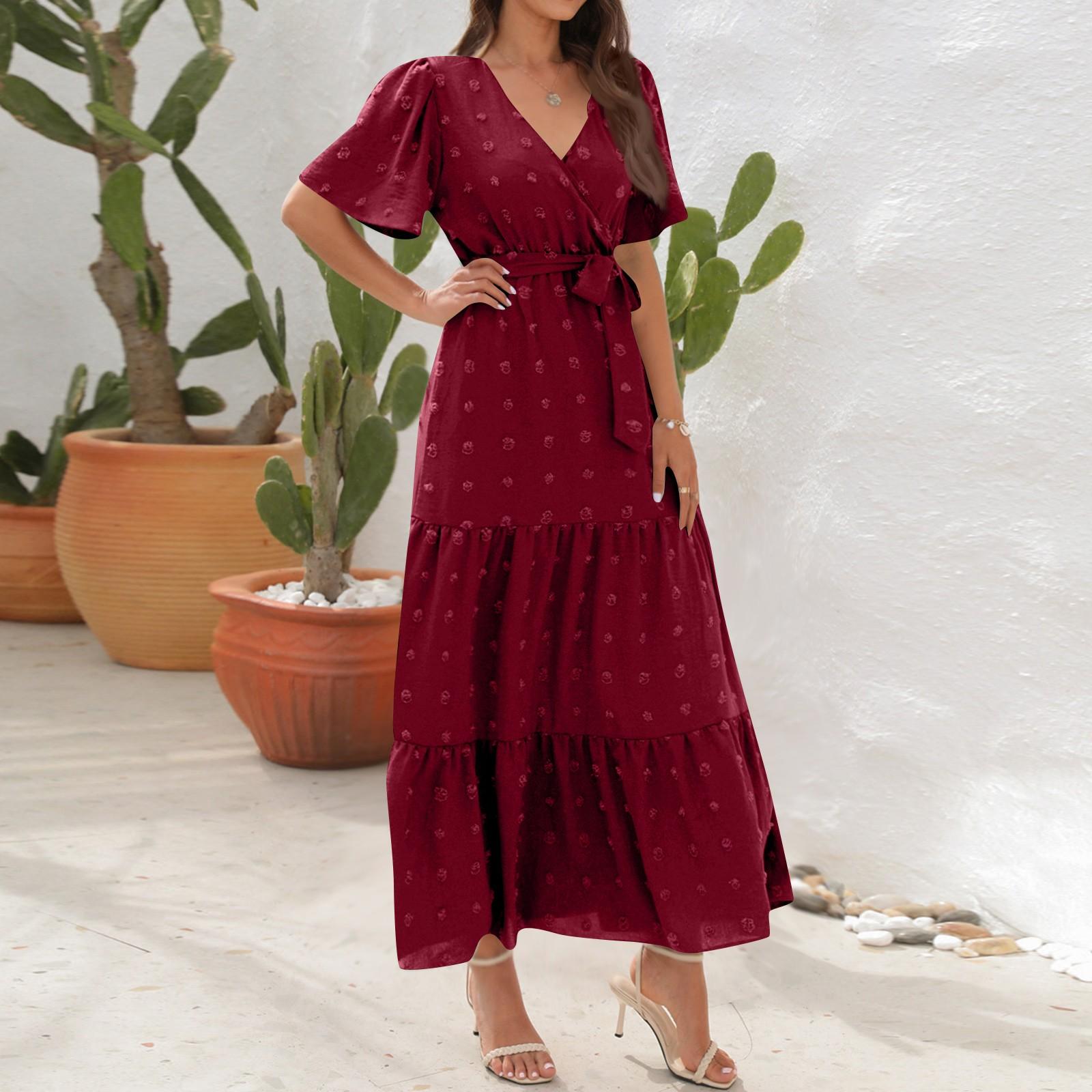 

Женское платье с V-образным вырезом и высокой талией, бальное платье с длинным коротким рукавом, праздничное платье для путешествий XL винный