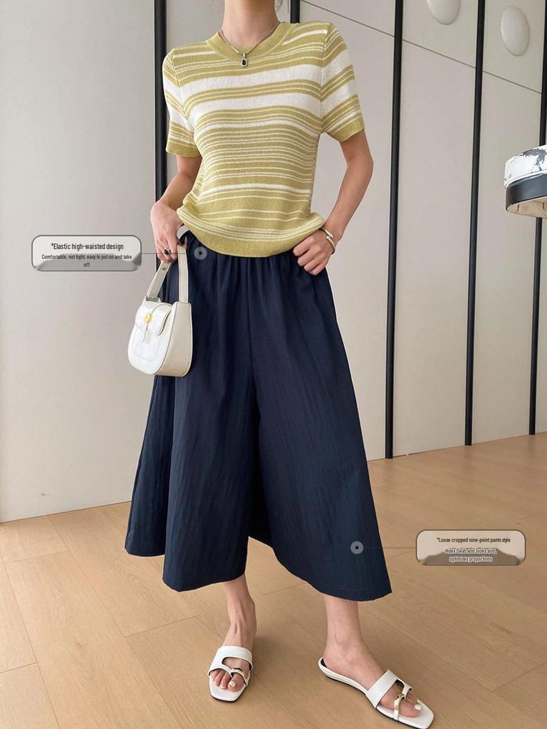 Sinan Elastic High-Waist Slimming Wide-Leg Cropped Pants with Wrinkled Texture