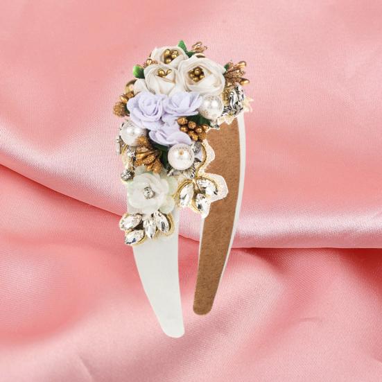Women Heaband Fake Flower Faux Pearl Shiny Rhinestone Decor Wide Vintage Luxury Anti-slip Colorful Hair Hoop Anti-slip Hair Decoration Accessory