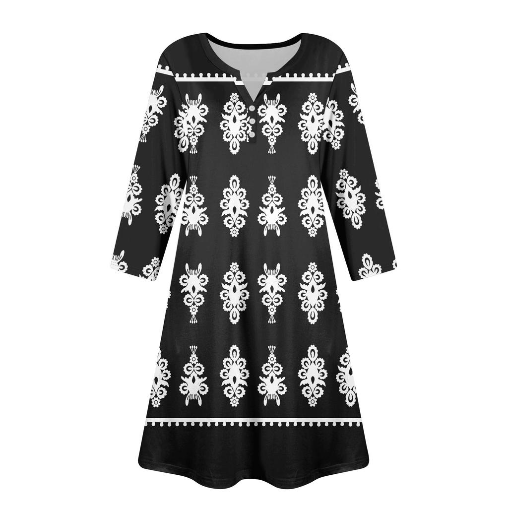 Women's Summer Dress Loose V Neck Three-quarter Sleeve Sundress With Pockets Dress