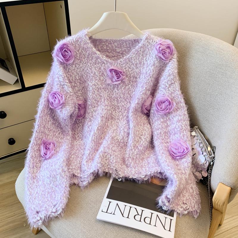 Women's Sweet Pink 3D Flower Sweater, Gentle Spring/Autumn Knit Base Layer