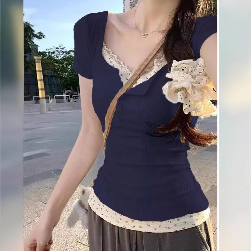 Korean Y2K Lace Faux Two-Piece Short Sleeve Women's Slim Top