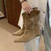 Autumn and winter new small temperament pleated short tube thin boots women's versatile pointed soft leather inner height-increasing short boots