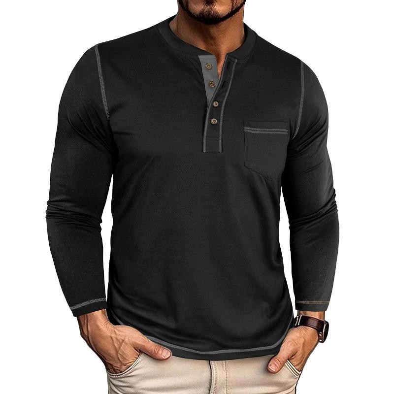 Men Vintage Contrast Color Crew Neck Long Sleeve Pocket Casual Henley T Shirt
