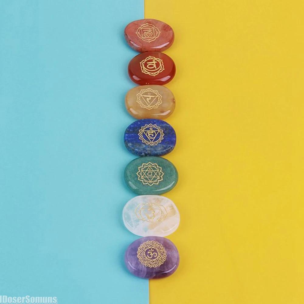 7 Chakra Symbol Crystal Stones Set Natural Reiki Healing Crystal Bulk Palm Polished Pocket Gemstones for Meditation Balancing