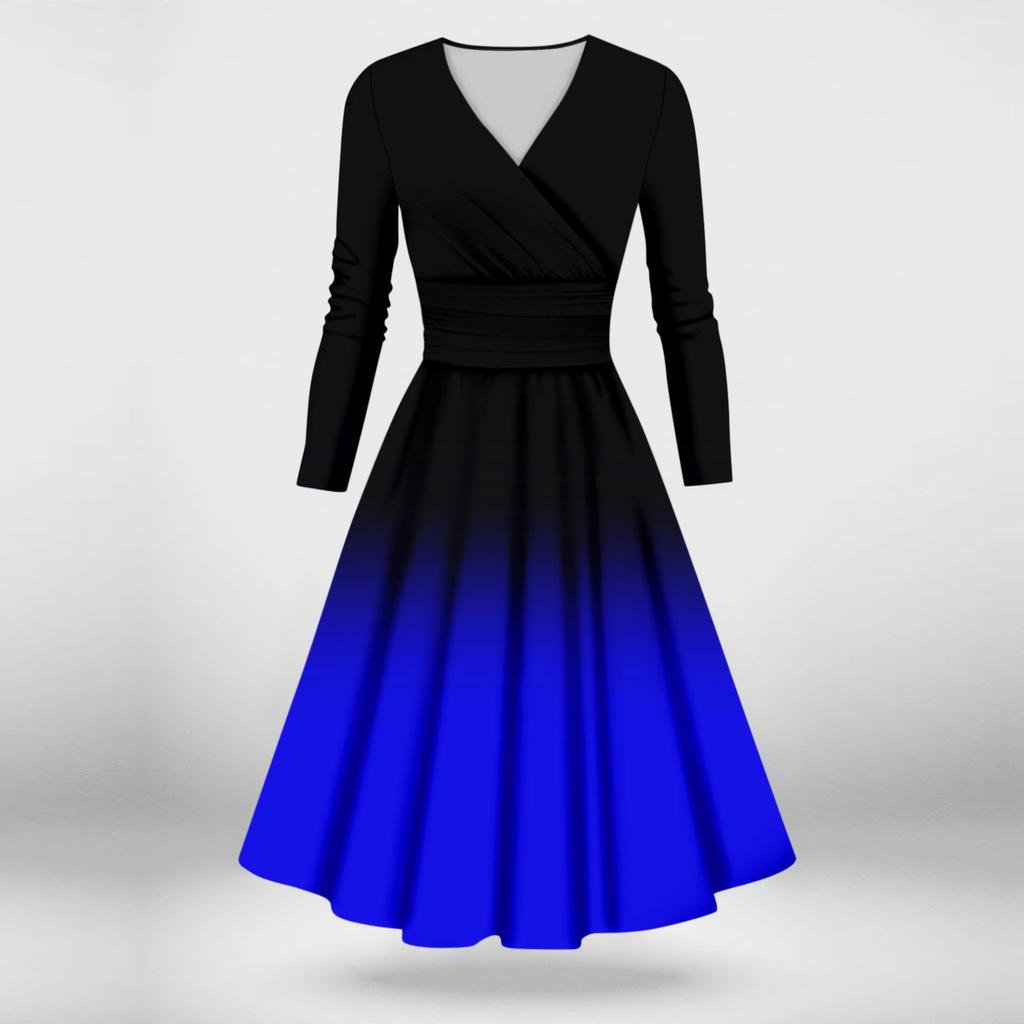 Dámské ležérní a módní sexy šaty s dlouhým rukávem a výstřihem do V s přechodem