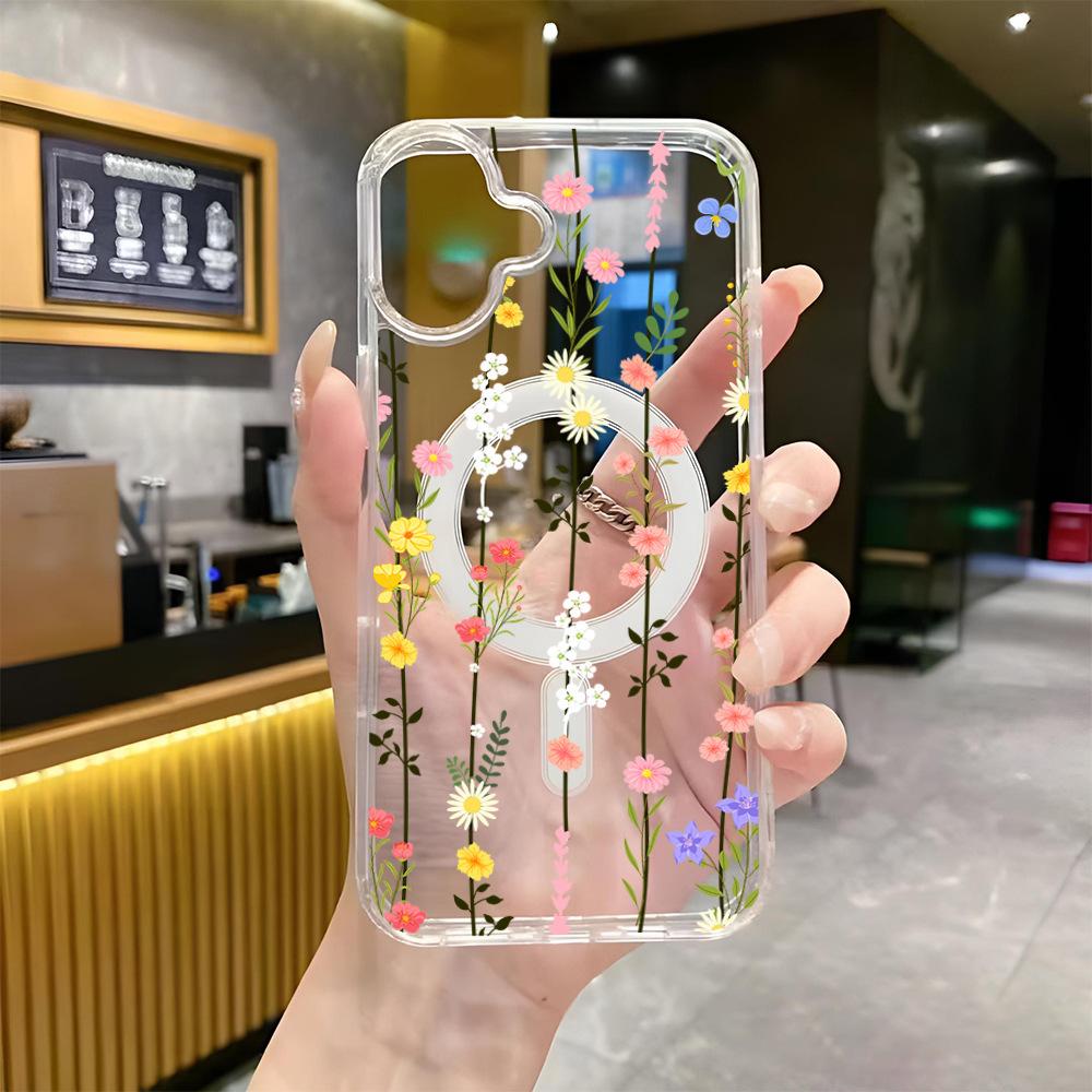 Independent station hot-selling contrasting color fresh flower vine iPhone12 magnetic mobile phone case Apple 17 anti-drop transparent case 16pm