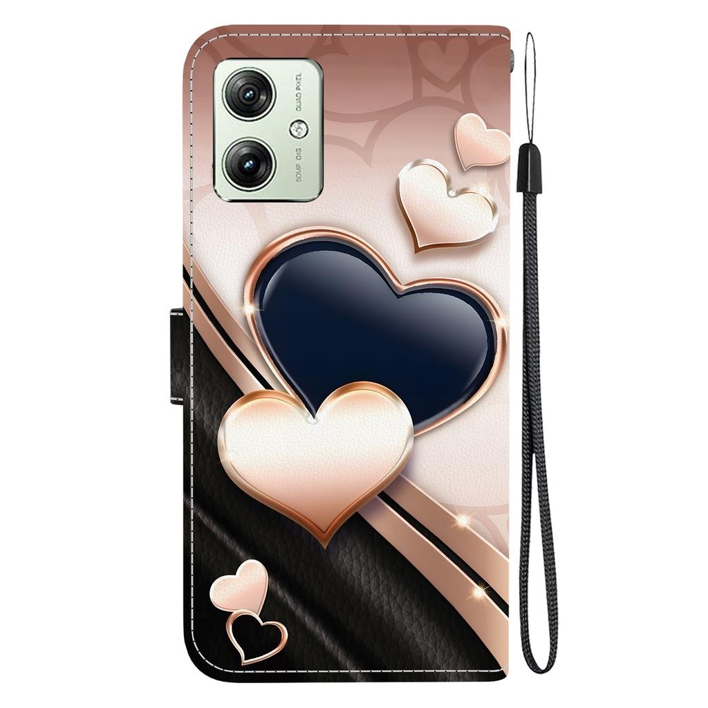 Handmade PU Leather Flip Case for Motorola Moto G54 Anti-Slip Shockproof Cover with Wrist Strap & Heart/Rose Cat Designs