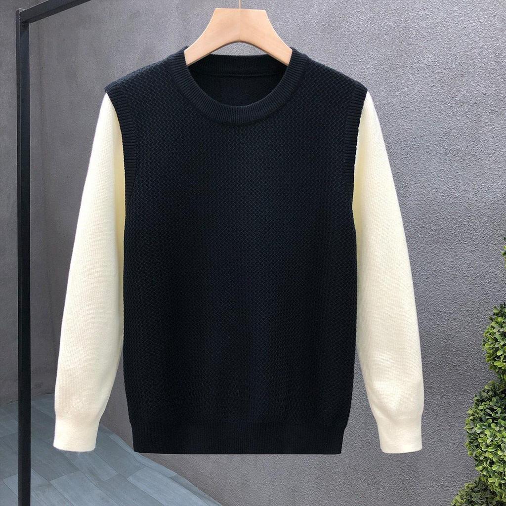 Autumn/Winter 2025 Men's Color Block Patchwork Two-Piece Look Knit Pullover Sweater
