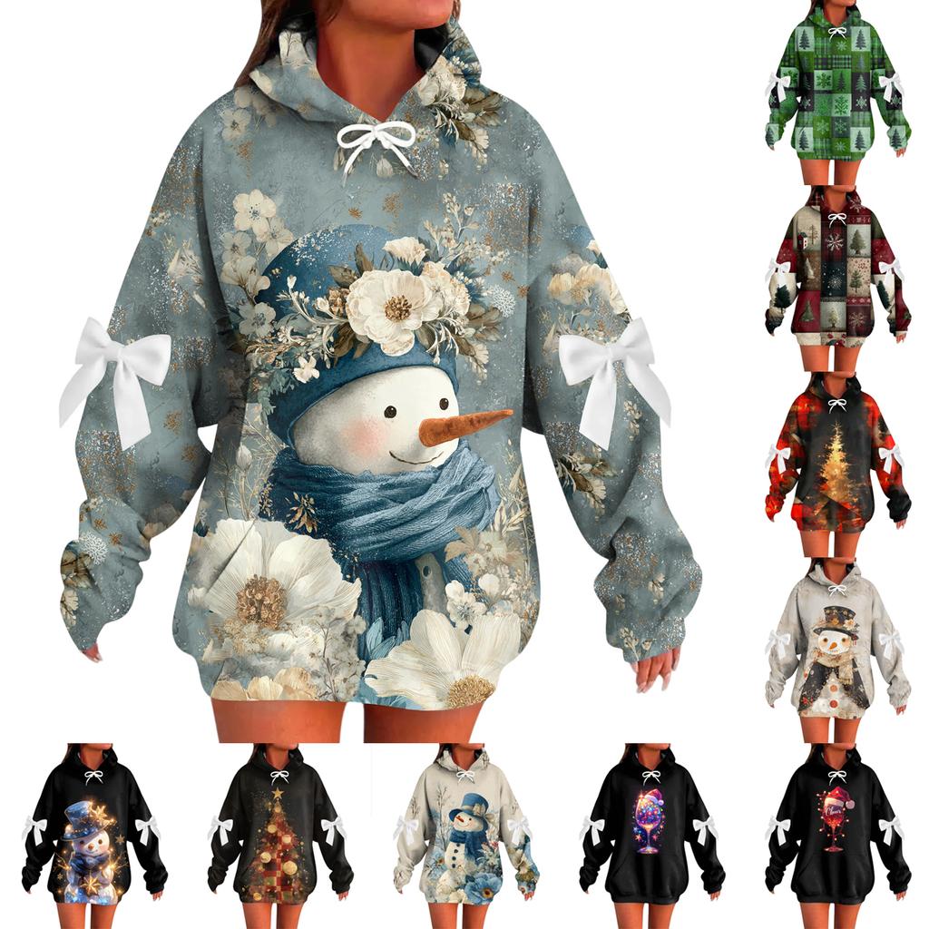 Ladies' Christmas Printed Bow Long Sleeved Loose Fitting Headband With Rope Hooded Sweatshirt Top