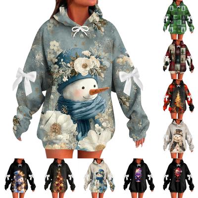 Ladies' Christmas Printed Bow Long Sleeved Loose Fitting Headband With Rope Hooded Sweatshirt Top