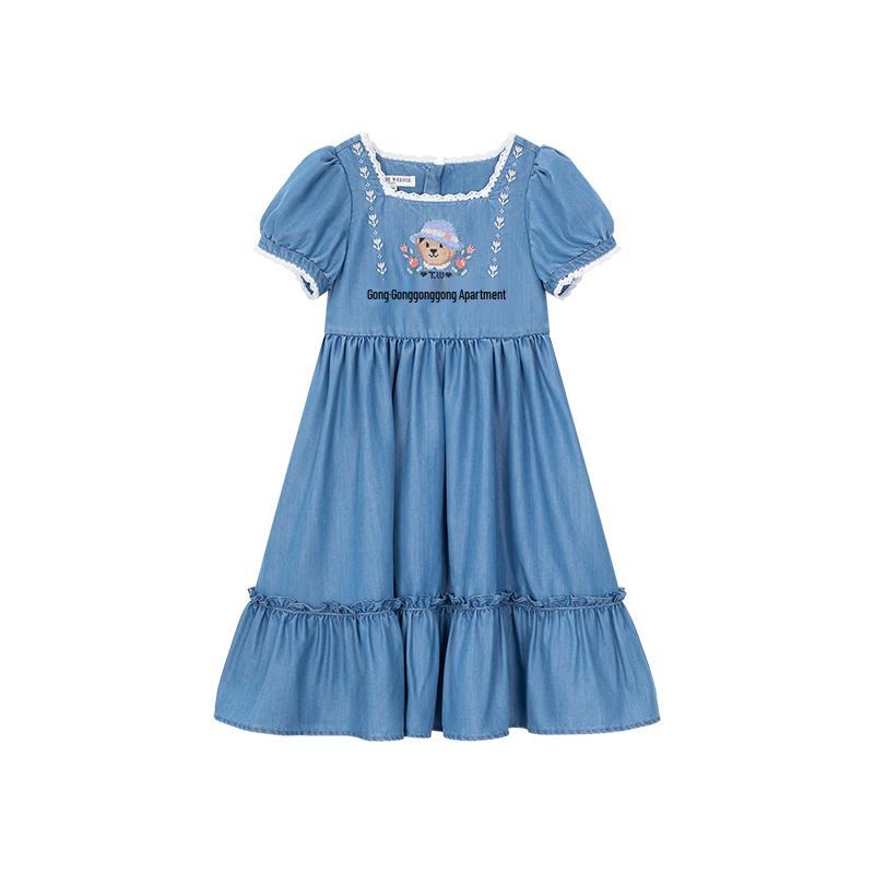 Teenie Weenie Kids Girls  Square Neck Puff Sleeve Denim Dress 120