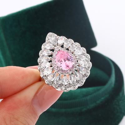 Luxury Full Diamond Pink Geometric Drop Shaped Opening Adjustable Ring Fashion Shiny AAAA Full Diamond Jewelry