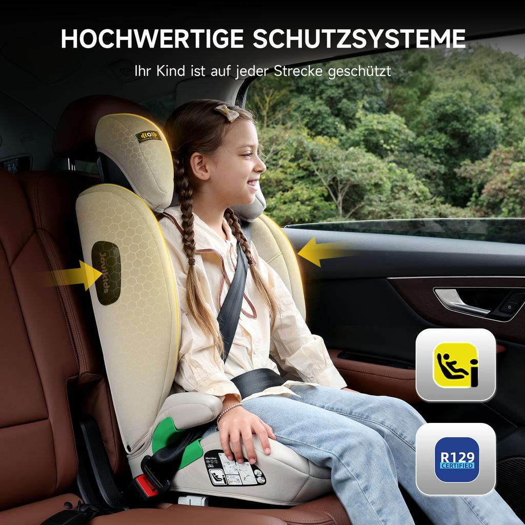 i-Size R129 child car seat for 3.5 to 12 years (100-150 cm), with adjustable backrest, headrest, side impact protection, Isofix booster seat