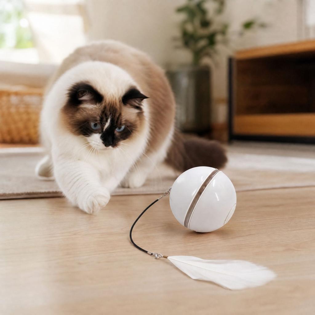 Interactive Toy Ball with Feather and Bell, Obstacle Avoidance, Rechargeable Self-Play Toy for Cats