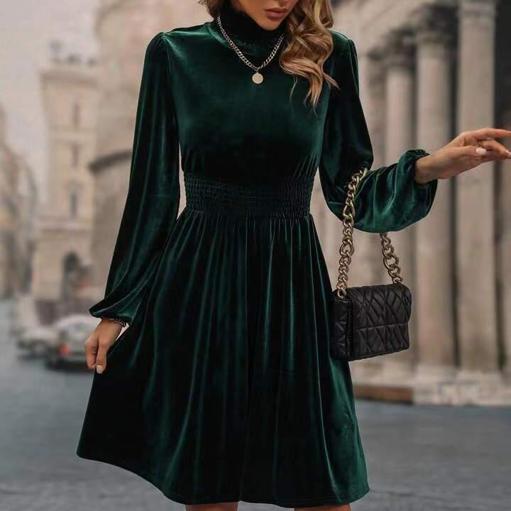 Damen Herbst Winter Mode Stehkragen Einfarbig Samt Langarm Kleid