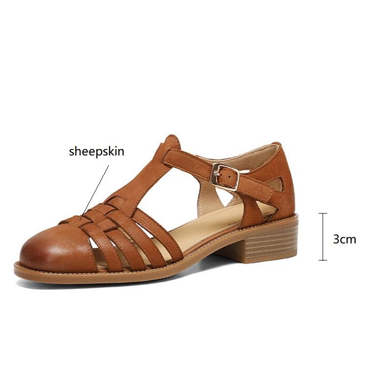Fashion New Summer Sandals Genuine Leather Sandals Casual French Retro Round Toe Hollow Out GLADIATOR Sheepskin Sandals Thick Heel Shoes