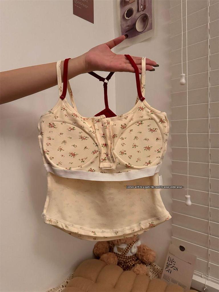 H330 Pure & Sexy Floral Button Crop Top with Built-in Bra for Women