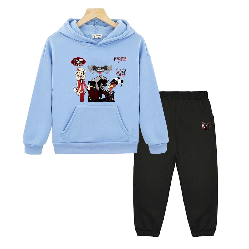 Kinder Weihnachts Kleidung helluva boss Print Kapuzenpullover Fleece Herbst Sweatshirt Jacke Bequemes 2-teiliges Pullover+Hose Jungen Mädchen Sportsets
