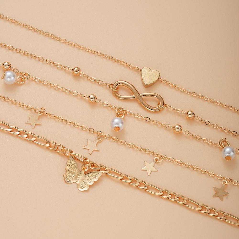 5 Stück Boho Sommer Strand 8 Unendlichkeit Charme Fußkettchen Set Damen Kette am Bein Perle Schmetterling Stern Herz Anhänger Fußkettchen Vintage Schmuck