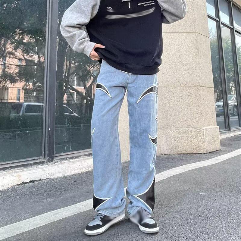 Pantaloni de blugi drepți, la modă, cu cusături și broderii, pentru bărbați, de primăvară și toamnă