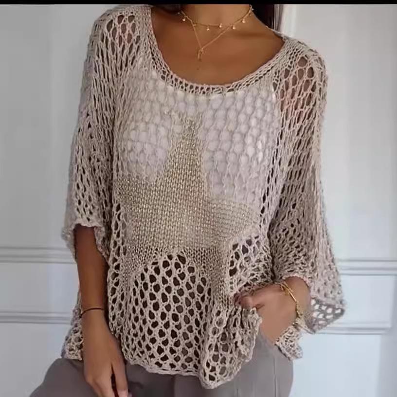Fashion Women Star Pattern Mesh Sleeves Hollow Out Fishnet Knit Beach Cover-Up Pullovers Five-Star Round Neck Hollow Crochet Top