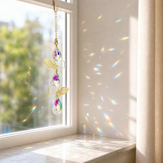 Sun Catcher Butterfly Crystal Hanging Ornament Iron Metal Frame with Gold-Plated Finish Light